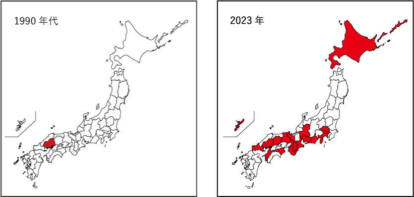 図1 アルゼンチンアリの分布（1990年代／2023年）